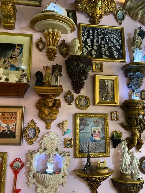 Whimsical Gallery Wall, Oddities Wall, Trinket Wall, Dark Academia Room Ideas, Mirror Gallery Wall, Dark Home Decor, Goth Home Decor, Dark Home, Eclectic Living Room