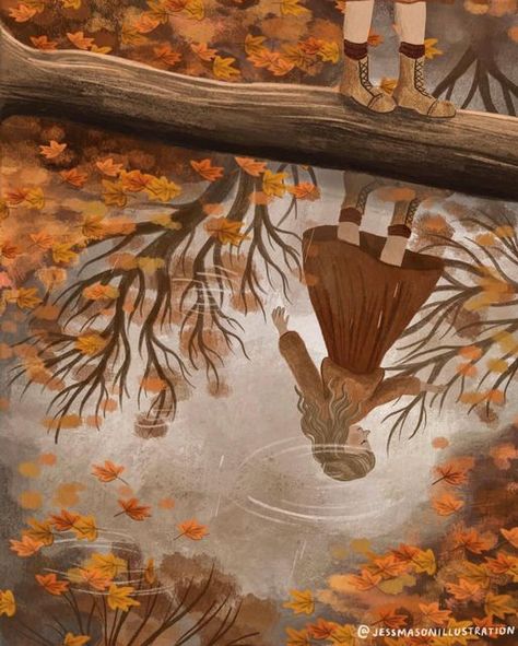 Jess Mason Illustration, Autumn Drawing Aesthetic, Autumn Illustration Art, Autumn Leaves Drawing, Drawing Reflections, Fall Illustration Art, Autumn Leaves Illustration, Reflection Illustration, Autumn Drawing