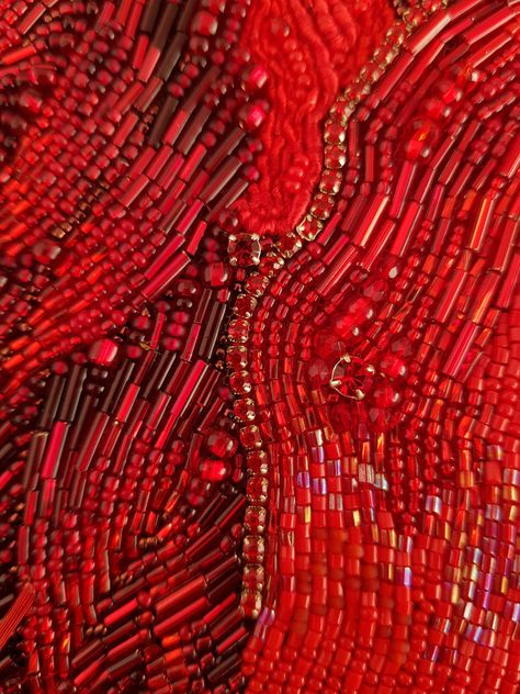 Cross Stitch Patterns Red Bead Embroidery, Bugle Bead Embroidery, Bugle Beads Embroidery, Embroidered Beads On Clothes, Beads Clothes Embroidery, Fire Inspired Fashion, Embroidery Beads Designs, Embroidery On Red Fabric, Fire Inspired Outfits