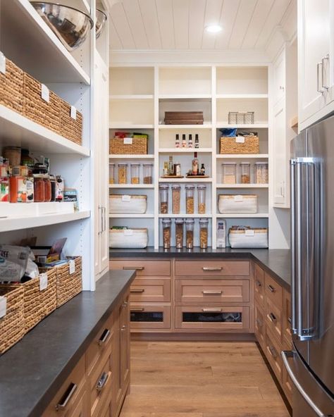 Having our second/auxiliary fridge in pantry would be super helpful! Much better than having to run down to basement/garage. Microwave could also be housed within pantry Pantry Inspiration, House Pantry, Dream Pantry, Home Pantry, Pantry Room, Butler’s Pantry, Pantry Remodel, Organized Pantry, Kitchen Pantry Cabinets