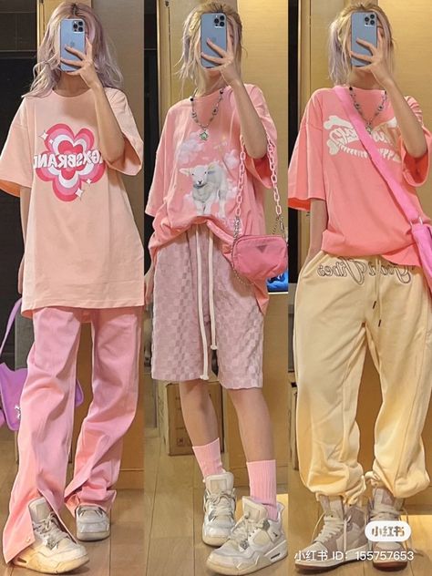 Cute Pink Streetwear Outfits, Kawaii Athletic Outfits, Kawaii Tomboy Outfit, Oversized Shirt Outfit Street Style, Cute Outfits Pink, Kawaii Street Fashion, Oversized Shirt Outfit, Oversized Shorts, Fashion Chinese