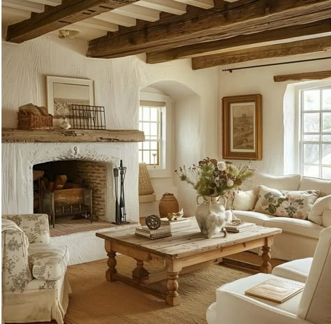 Wooden Beams Interior, French Interior Living Room, Cozy Cottage Fireplace, French Cottage Fireplace, Cottage Core Fireplace, European Cottage Living Room, English Cottage Fireplace, English Cottage Interiors Cozy, Cottage Fireplace Ideas