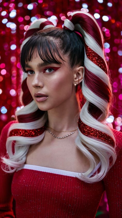 Hair Color Christmas, Christmas Hair And Makeup Ideas, Candy Cane Costume Women, Christmas Themed Hairstyles, Christmas Theme Hairstyle, Weird Hairstyles For Women, Christmas Updo Party Hair, Candy Cane Hairstyle, Candy Cane Photoshoot