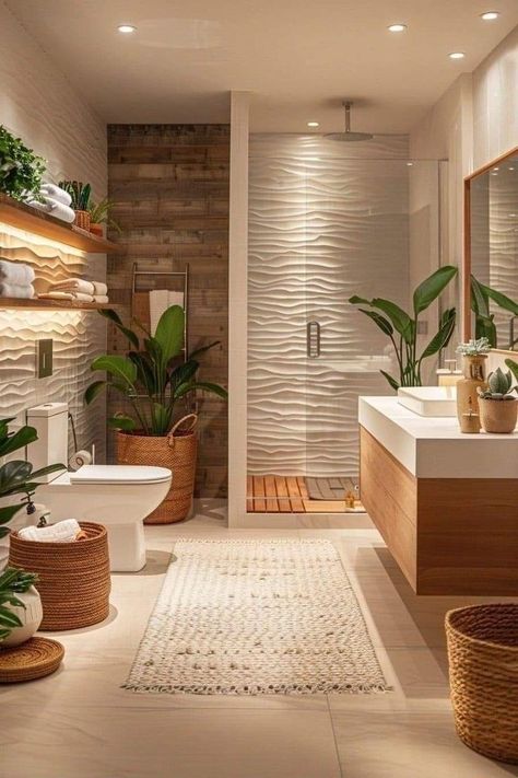 Two Basins Bathroom, Natural Bathroom Aesthetic, Minimalistic Bathroom Ideas, Apartment Nature Aesthetic, Bathroom Relaxing Decor, Bamboo Room Design, Bathroom Soft Lighting, Calming Apartment Decor, Natural Stone Bathrooms