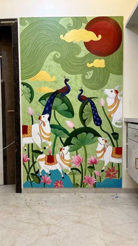 #butcherblock #countertops #homedecor #kitchenrenovation #interiordesign #timelessstyle #diyprojects #woodworking #homeimprovement #kitchendesign Pichwai Mural On Wall, Canvas Painting Indian Art, Indian Wall Painting Ideas, Pichwai Wall Art, Cow Pichwai Painting, Pichwai Wall Painting, Indian Mural Wall Art, Pichwai Paintings Krishna, Mural Wall Art Creative