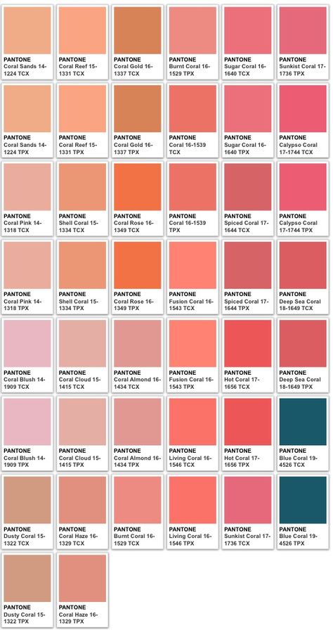 Pantone Tpx Colors, How To Make Coral Color, Pantone Colors Pastel, Coral Color Palette, Coral Pantone, Pantone Color Chart, Best Bedroom Colors, Coral Colors, Penanda Buku