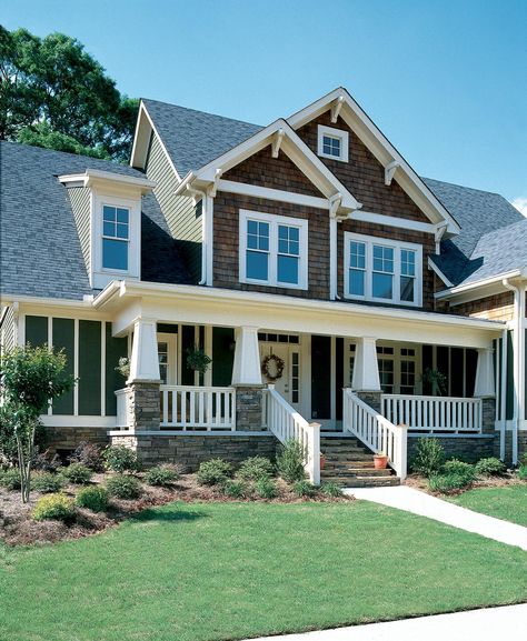 Craftsman-style columns add an authentic touch to this graceful home. An elegant entry opens to the vaulted family room, where a fireplace warms and Craftsman Floor Plans, Revere Pewter, Craftsman Style Homes, Craftsman Style House Plans, Craftsman House Plan, Casa Exterior, Craftsmen Homes, Craftsman House Plans, Remodel Bedroom