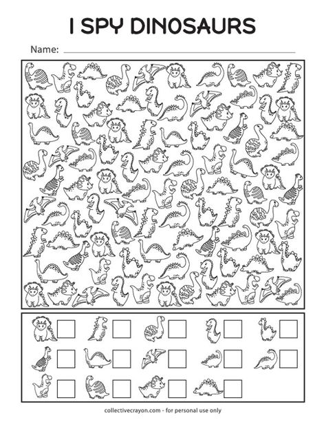 Free Printable I Spy Dinosaur Worksheet Dinosaur Worksheets Kindergarten, Dinosaur Worksheets Free Printable, Dino Worksheets Free Printable, I Spy Math Worksheets, I Spy Pokemon Printable, I Spy Dinosaurs Printable, Dino Puzzle Free Printable, Dinosaur Color By Number Free Printables, Dinosaur Memory Game Free Printable