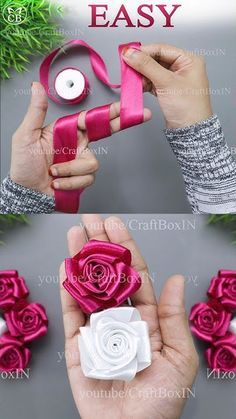 How to make ribbon rose - Ribbon HACKS #howtomakesatinribbonflower Roses With Ribbon Diy, Silk Paper Flowers Diy, Silk Ribbon Flowers Tutorial, Things To Do With Ribbon Crafts, Rose Flower Making With Ribbon, Make A Rose Out Of Ribbon, Fabric Flower Making Ideas, Making Flowers With Ribbons, Ribbon Flower Making