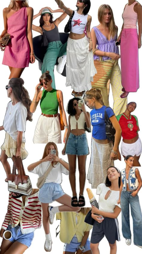 Summer colorful outfit ideas France In Summer Outfits, Gen Z Aesthetic Outfit, Cool Summer Outfits Palette, Summer Palette Outfits, Summer Outfit Collage, Colourful Summer Outfits, Layered Summer Outfits, Casual Festival Outfit, Lake Outfit Summer