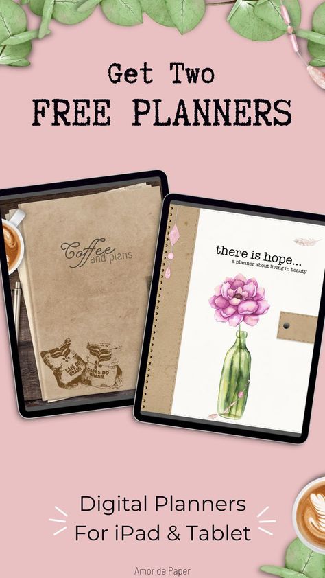 Two free vertical digital planners with flowers, leaves, and coffee Free Digital Journal Goodnotes, Planners For Ipad, Planner Monthly Layout, Ipad Pencil, Pinterest Affiliate, Weekly Planner Free, Planner Tabs, Christian Planner, Ipad Tutorials