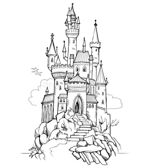 Fantasy Illustration of Medieval Castle. Fairyland Kingdom. Black and White Page for Coloring Book. Worksheet for Drawing and Stock Vector - Illustration of adult, landmark: 222781745 Gothic Castle Tattoo, Gothic Architecture Drawing, Castle Sketch, White Page, Castle Tattoo, Castle Illustration, Medieval Drawings, Castle Drawing, Gothic Castle