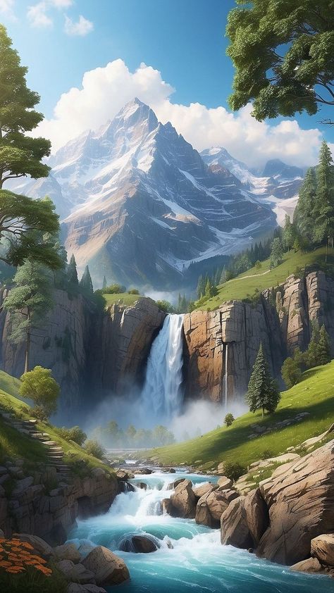 Fengshui Painting, Wallpapers Waterfall, Wallpaper Waterfall, Waterfall Pictures, Waterfall Paintings, Landscape Painting Tutorial, Trees Landscape, Waterfall Landscape, Water Fall