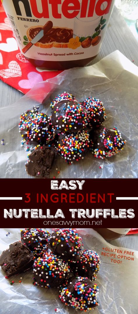 Easy 3 Ingredient Nutella Truffles Recipe + Gluten Free Recipe Option Too! These make delicious homemade sweet treats for Valentine's Day Gifts! Gluten Free Christmas Treats, Nutella Truffles, Homemade Sweet Treats, Gluten Free Valentines, Quick Family Meals, Valentines Treats, Yummy Bites, Truffles Recipe, Recipe Gluten Free