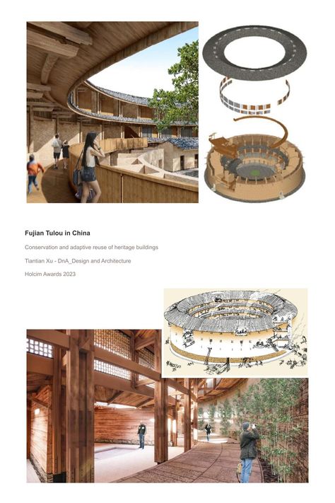 The Holcim Awards 2023 gold prize for Asia Pacific went to Fujian Tulou designed by Tiantian Xu. The project defines a conservation approach through adaptive reuse and proposes a prototypical framework for giving new value to tulou structures that are not already protected by a World Heritage covenant. Fujian Tulou, Conservation Architecture, Gold Prize, Sustainable Construction, Dna Design, Rammed Earth Wall, Floating City, Old Architecture, Natural Heritage