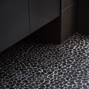 Black Pebble Tile, Master Closet Bathroom, Pebble Patio, W Maldives, Modern Queenslander, Black Porcelain Tiles, Lake Bathroom, Beautiful Small Bathrooms, Pebble Floor