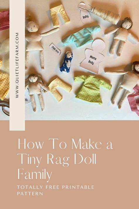 Print your free PDF pattern and follow along with my heavily photographed tutorial on how to make your own set of tiny rag dolls and their clothes! Perfect to fit in a dollhouse! Sewing Doll House Free Pattern, Miniature Doll Clothes Patterns Free, Easy Fabric Doll Patterns Free Printable, Waldorf Dolls Diy, Simple Doll Dress Pattern, Small Doll Clothes Patterns Free, Diy Cloth Doll, Sewing For Kids Projects, Tiny Dolls To Make Free Pattern