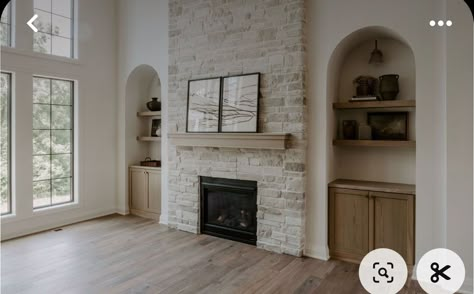 Builtins Fireplace Windows, Fireplace With Door On One Side, Black Birch Homes, Fireplace With Bench, Kentucky Farmhouse, Updated Living Room, White Wash Brick Fireplace, French Country Living Room, Living Room Design Inspiration