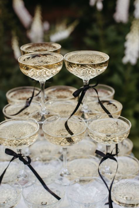 Elevate your garden party with this stunning champagne tower! The perfect centrepiece to add elegance and style to your outdoor celebration. ⁠Cheers to unforgettable moments! Cocktail Hour Decor, Cocktail Party Decor, Elegant Engagement Party, Outdoor Celebration, Elegant Birthday Party, Champagne Tower, Champagne Party, Wedding Buffet, Wedding Money