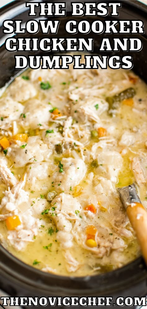 Rich, creamy Slow Cooker Chicken and Dumplings are easy to make with a can of biscuits for the dumplings! A homestyle, cozy meal that's hassle free. Chicken And Dumplings Crockpot, Dumplings Crockpot, Easy Chicken Dumpling Recipes, Crock Pot Chicken And Dumplings, Warm Recipes, Creamy Chicken And Dumplings, Fluffy Dumplings, Chicken Dumpling Soup, Dumpling Recipes