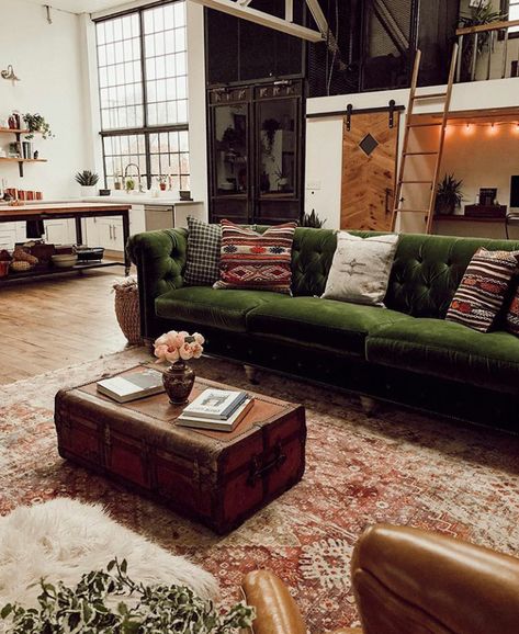 The Nordroom - A Vintage Industrial Barn Home With A Beautiful Green Velvet Sofa Green Couch, Vintage Industrial Decor, Green Velvet Sofa, Industrial Livingroom, Vintage Industrial Furniture, Corner Sofa Set, Furniture Classic, Green Sofa, Art Pop