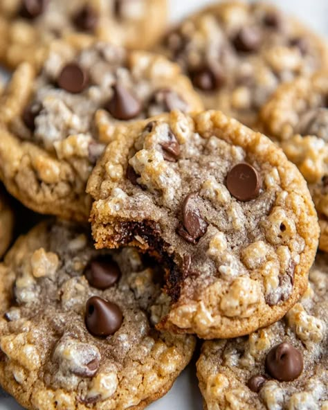 Rice Crispie Chocolate Chip Cookie, Rice Krispy Chocolate Chip Cookie, Rice Crispy Chocolate Chip Cookies, Rice Krispie Cookies Recipes, Rice Krispie Chocolate Chip Cookies, Cookies With Rice Krispies, Rice Krispie Chocolate, Wedding Cookies Ideas, Rice Krispie Cookies