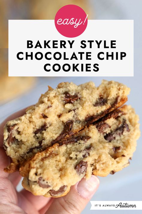 Easy! Bakery style chocolate chip cookies. Best Bakery Style Chocolate Chip Cookies, Best Thick Chocolate Chip Cookies, Chocolate Chip Cookies No Vanilla Extract, Thick Chocolate Chip Cookies Recipe, Cisco Chocolate Chip Cookies, Tall Chocolate Chip Cookies, Thick Cookies Chocolate Chip, Chocolate Chip Cookies Bakery Style, Thick Soft Chocolate Chip Cookies