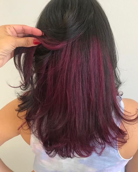 Dark Red Dyed Hair Underneath, Peek A Boo Purple Hair Dark, Dark Underdye Hair, Peak A Boo Red Hair, Magenta Peekaboo Highlights, Undercolor Hair Ideas For Black Hair, Peek A Boo Color Hair, Peek A Boo Hair Color Ideas For Black Hair, Red Peek A Boo Hair