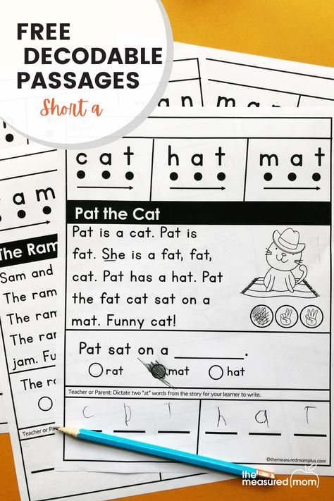 Free decodable passages for short a CVC words - The Measured Mom Decodable Reading Passages, Short A Passage, 1st Grade Cvc Words, Sor First Grade, Short E And I Activities, Short A Phonics Activities, Free Decodable Passages, Kindergarten Reading Comprehension Free, Short A Reading Passages