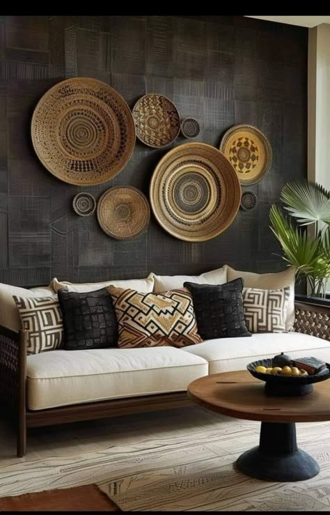 Bohemian Wall Decor Living Room, Boho Feature Wall Living Room, African Interior Decor, Kenyan Decor, Wall Hanging Ideas Living Room, African Living Room Ideas, Bohemian Interior Style, Afrohemian Decor, African Themed Living Room