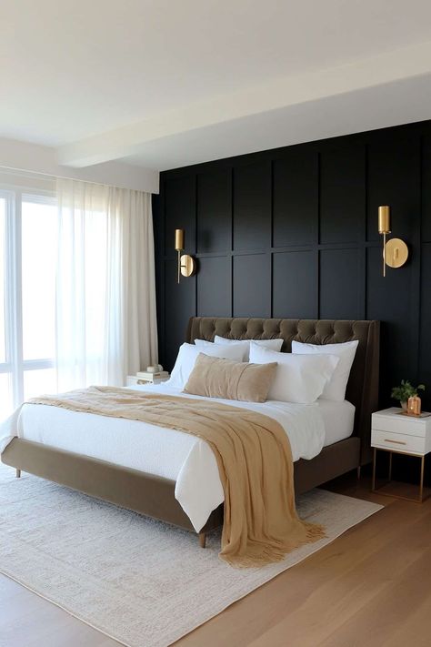 Cozy bedroom featuring a stylish black board and batten accent wall, enhancing modern decor. Bedroom Inspirations Master Uk, Diy Master Accent Wall, Accent Wall Bedroom Wood Panel, White Walls With Accent Wall, Bedroom With Black Bedding, Tricorn Black Accent Wall Bedroom, Herringbone Accent Wall Bedroom, Modern Bedroom Accent Wall Ideas, Black Bedroom Walls Inspiration