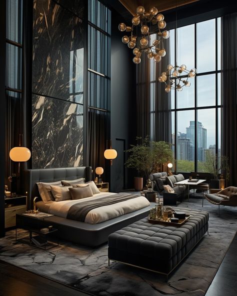 If my home looked like this, I would stay home all day✨🖤 We design spaces worldwide, find out more information on our website! #interiordesign #interior Black Marble Bedroom, Luxury Black Bedroom Design, Black Home Interior Design, Black Luxury Bedroom, Marble Accent Wall, Marble Bedroom, Dark Deco, Royal Bedroom, Luxury Mansions Interior