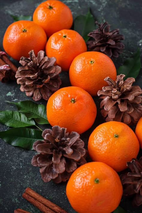 A rather simple composition with tangerines, pine cones and cinnamon sticks. The bright contrast between the orange and dark background really makes the fruits pop! Fruit Picture, Christmas Fruit, Fruit Photography, Beautiful Fruits, Orange Fruit, Fruits And Veggies, Yule, Food Photo, Fruits And Vegetables