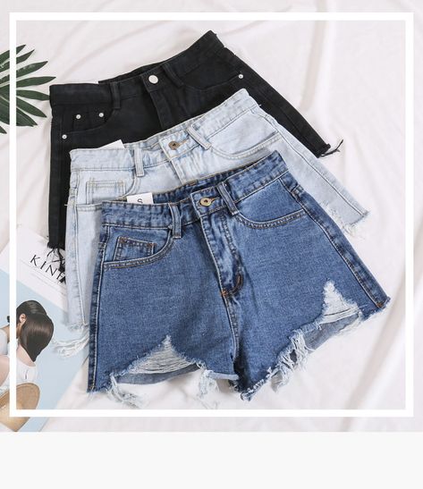 Buy Lemongrass Fray-Trim Denim Shorts | YesStyle Flatlay Ideas, Y2k Aesthetic Fashion, Kawaii Dress, Clothing Photography, Tops Online, Distressed Denim Shorts, Cover Photo, Shorts Jeans, Outer Banks