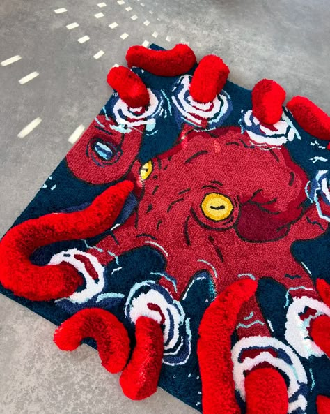 Octopus 🐙 3D rug In stock ✨ Shipping worldwide 🌎 . . . . . #octopus #customrug #customrug #mitsurikanrojicosplay #murakamitakashi #rugdesign #rug #octopus🐙 #tufting #octopusart #rugmaking #tuftinggun #rugmaking #tufting #rugsusa Rug Making Ideas, Punch Needle Rugs, Rug Tufting Ideas, Octopus Rug, 3d Rugs, 3d Octopus, Tuft Rugs, Tufting Art, Tufting Rugs