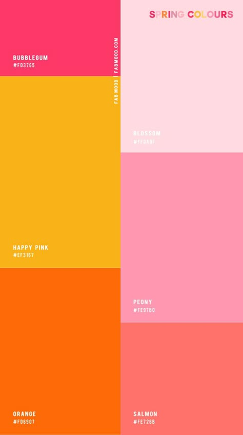 Fruit Punch Color Palette, Bright Sunset Color Palette, Passion Fruit Color Palette, Spring Color Palate, Colour Palette 4 Colours, Retro Spring Wedding, Bright And Fun Color Palette, Pink Color Schemes Colour Palettes, Pink Yellow Branding