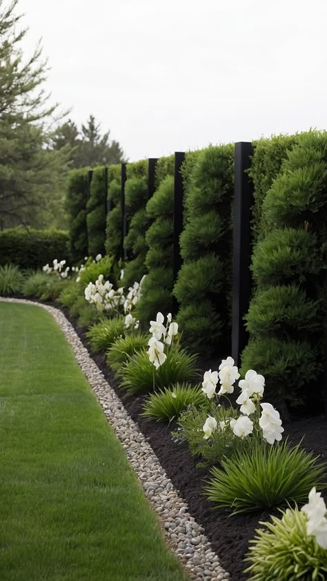 Sun-Kissed Sanctuary: 15 Fence Line Landscaping Ideas for Full Sun Backyards - Fads Front Walkway Flower Bed Ideas, Hoa Landscaping Ideas, Planter Box Landscaping, Lush Front Yard Landscaping, Simple Garden Beds In Front Of House, Bushes As Fencing, Planter Along Fence Line, Against The Fence Landscaping, Shared Driveway Divider Fence