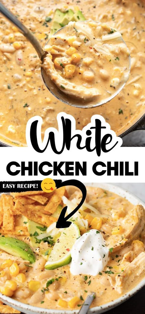 This creamy white chicken chili is made with shredded chicken, hearty beans, green chiles, corn and a delicious blend of seasonings. It’s a warm and cozy dinner that’s ready in under an hour and you can make it on the stovetop or in the slow cooker. White Chicken Chili Slow Cooker, White Chicken Chili Recipe, Creamy White Chicken Chili, White Chili Chicken Recipe, Chili Recipe Easy, Chicken Chili Recipe, Green Chiles, Cozy Dinner, White Chicken Chili