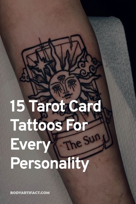 We've collected the best tarot card tattoos to help inspire your next piece of ink. Hand With Tarot Card Tattoo, Tarot Art Tattoo, Tarro Cards Tattoo Ideas, Tarot Card Tattoo And Meaning, Tarot Card Tattoo Women, The Lovers Tarot Card Tattoo Meaning, Realism Tarot Card Tattoo, Fortune Card Tattoo, Major Arcana Tattoo