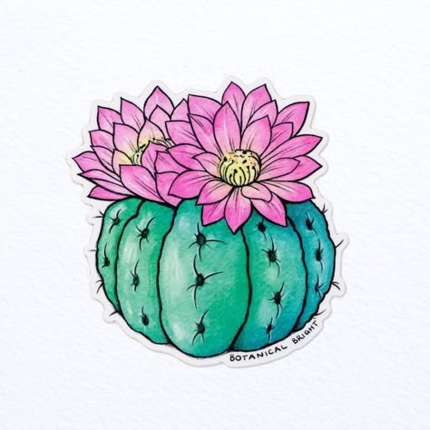 Flowering Cactus Drawing, Dnd Emblem, Desert Flowers Drawing, Cactus Flower Drawing, Cute Cactus Drawing, Cactus Flower Tattoo, Cactus Flower Painting, Round Cactus, Flor Tattoo