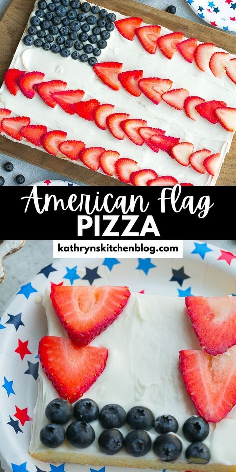 American Flag Fruit Pizza (Fun 4th of July Dessert) American Flag Desserts, American Flag Fruit Pizza, American Flag Dessert, Flag Fruit Pizza, Easy Dessert Pizza, Flag Desserts, Fun Rice Krispie Treats, 4th Of July Dessert, Dessert To Make