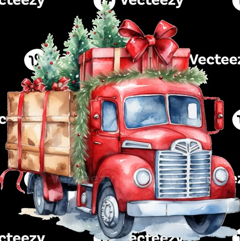 Christmas elements featuring Santa, Rudolph, and gift surprises. Van Clipart, Christmas Camper, Music Notes Art, Delivery Truck, Homemade Christmas Decorations, Baby Illustration, Christmas Elements, Watercolor Stickers, Christmas Graphics