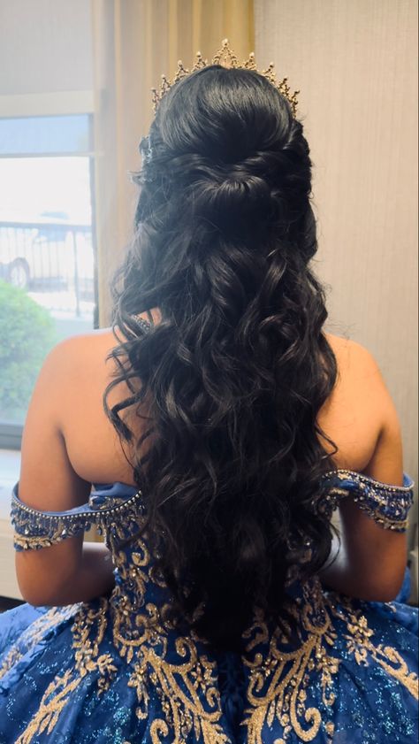 Half up half down quinceañera hair on brunette hair by Alamo city hair Quince Hairstyles Black Hair, Hair Ideas For A Quinceanera, Long Quince Hairstyles, Royal Blue Quinceanera Hairstyles, Half Up Half Down Bun Quinceanera Hairstyles, Quinceanera Hairstyles Braids, Quince Hairstyles With Roses, Half Up Half Down Quince Hair With Crown, Queincearra Hairstyles