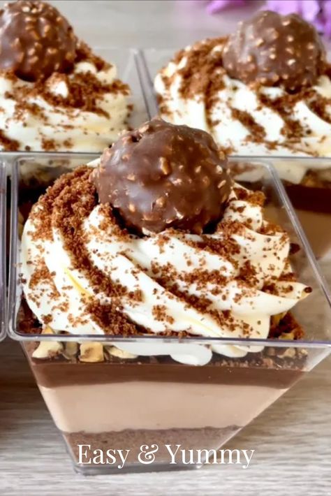 Ferrero Rocher dessert cups Small Cups Desserts, Shooters Desserts Recipes, Red Velvet Mini Dessert Cups, Deserts For Work, Appetizer And Dessert Party, Mini Dessert Cup Recipes, Desserts In A Glass Cup, Small Chocolate Desserts For Parties, Ferrero Rocher Cups