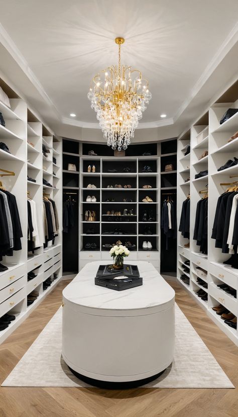 ✨ Closet goals, anyone? ✨  This walk-in closet is all about style, space, and that wow factor! From custom shelves to keep everything organized to the stunning chandelier lighting up the room, it’s the perfect blend of function and luxury. 🖤  📍 Love this look? TRU Home Pros can make it happen! Serving Sarasota, Tampa, Naples, and more.  👉 Let’s create your dream closet: https://truhomepros.com/get-a-quote/  #ClosetInspo #CustomCloset #ClosetGoals #TRUHomePros #FloridaLiving #HomeUpgrade Wow Factor Interior Design, Large Walk In Closet With Island, Sliding Ladder Closet, Walk In Closet Mansion, Closet Inspo Walk In, Luxurious Closets Walk In, Walk In Closet Chandelier, Parents Vision Board, Closet With Ladder