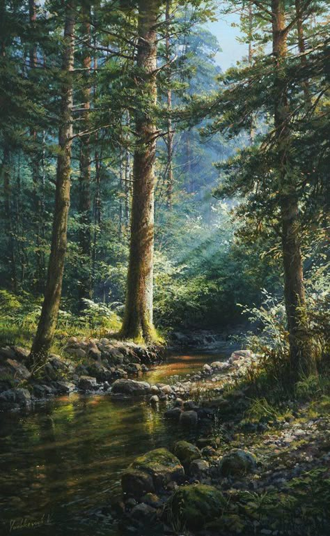 River Paintings Acrylic, Realistic Forest Painting, Forest River Painting, Canvas Painting Nature Landscapes, Forest Painting Landscape, Landscape Paintings Forest, Acrylic Forest Painting, Forest Art Painting, Forest Painting Acrylic