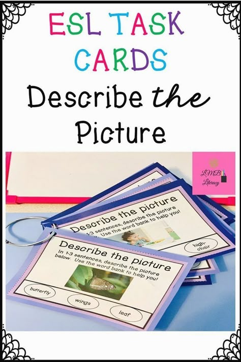 These task cards are the perfect ESL activity for ELL Newcomers or beginner ELLs. Packed with visuals, real photos, and vocabulary for students to develop oral language skills. Also great for listening, reading, and writing skills as well!This vocabulary set includes:~40 ESL task card for beginner E... Ell Learners, Describe The Picture, Teaching Ell Students, Esol Classroom, Ell Strategies, Expanding Vocabulary, Ell Activities, Oral Language Activities, Teaching English Language Learners