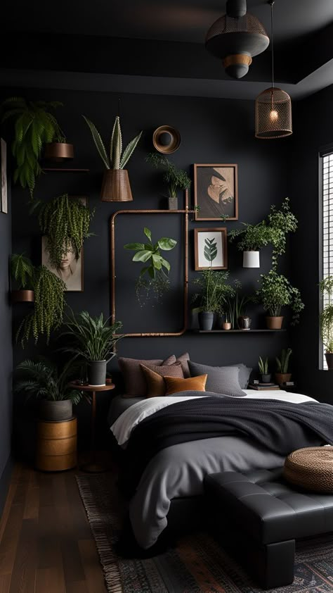 Bedroom With Plants, Koti Diy, Lots Of Plants, Recipes Authentic, Crockpot Healthy, Recipes For, Desain Editorial, Dark Home Decor, Black Bedroom