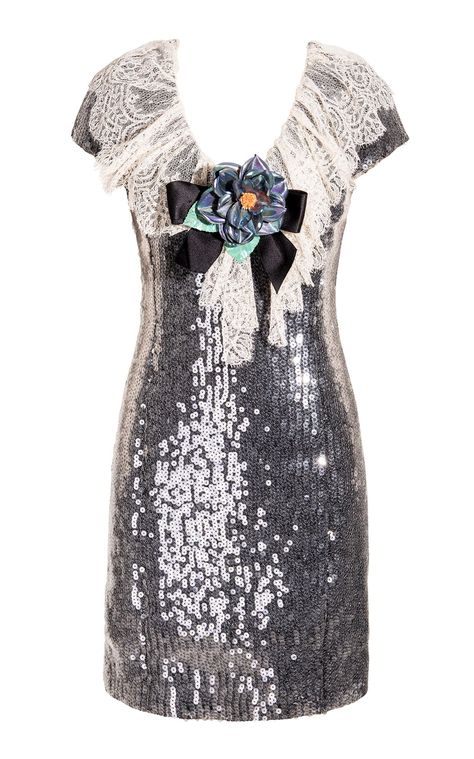 Chanel A/w 1994 Sequin Mini Dress With Iridescent Camellia Brooch By Moda Archive X Tab Vintage | Moda Operandi Chanel Mini Dress, Dr Outfit Ideas, Chanel Mini, Floral Sleeve, Pretty Stuff, Knee Dress, Sequin Mini, Sequin Mini Dress, Dress With Lace