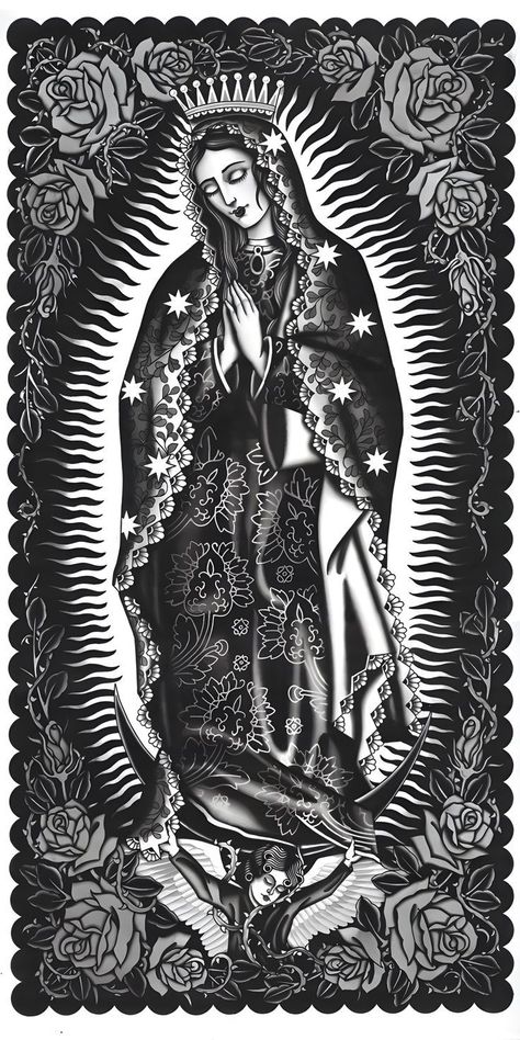 Mother Mary Tattoos, Virgin Mary Painting, Virgin Mary Tattoo, Chicano Love, Mary Tattoo, Mexican Art Tattoos, Latino Art, Virgin Mary Art, Cholo Art